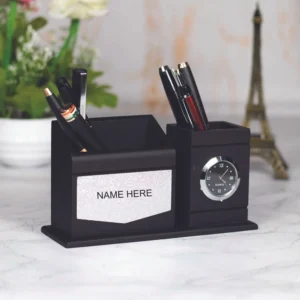 Wooden Pen Holder and Desk Clock with Engraved Name