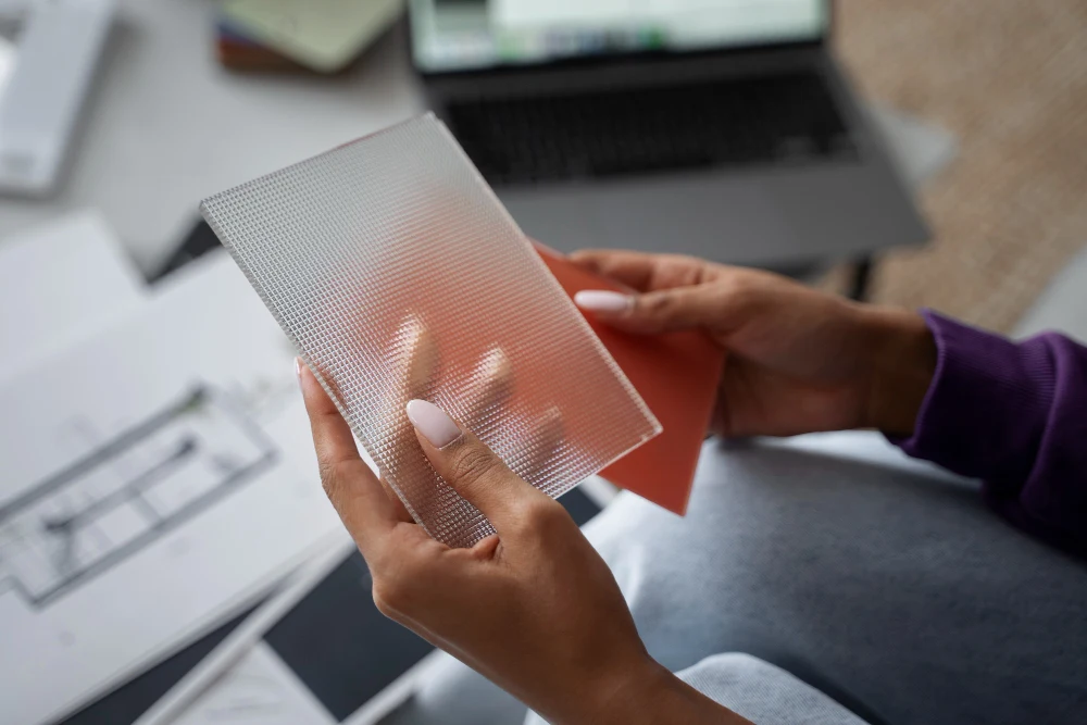 Designer holding a textured acrylic sample while choosing a custom signage material in Dubai