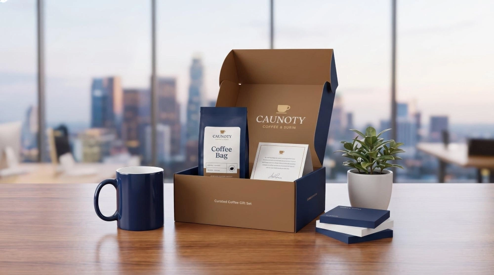 Branded corporate box with printed packaging, mug and notebooks prepared as a complete branded set