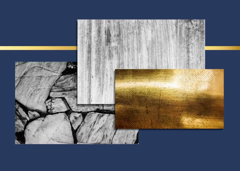 Brushed gold metal, wood grain and stone texture panels used in laser engraving in Dubai