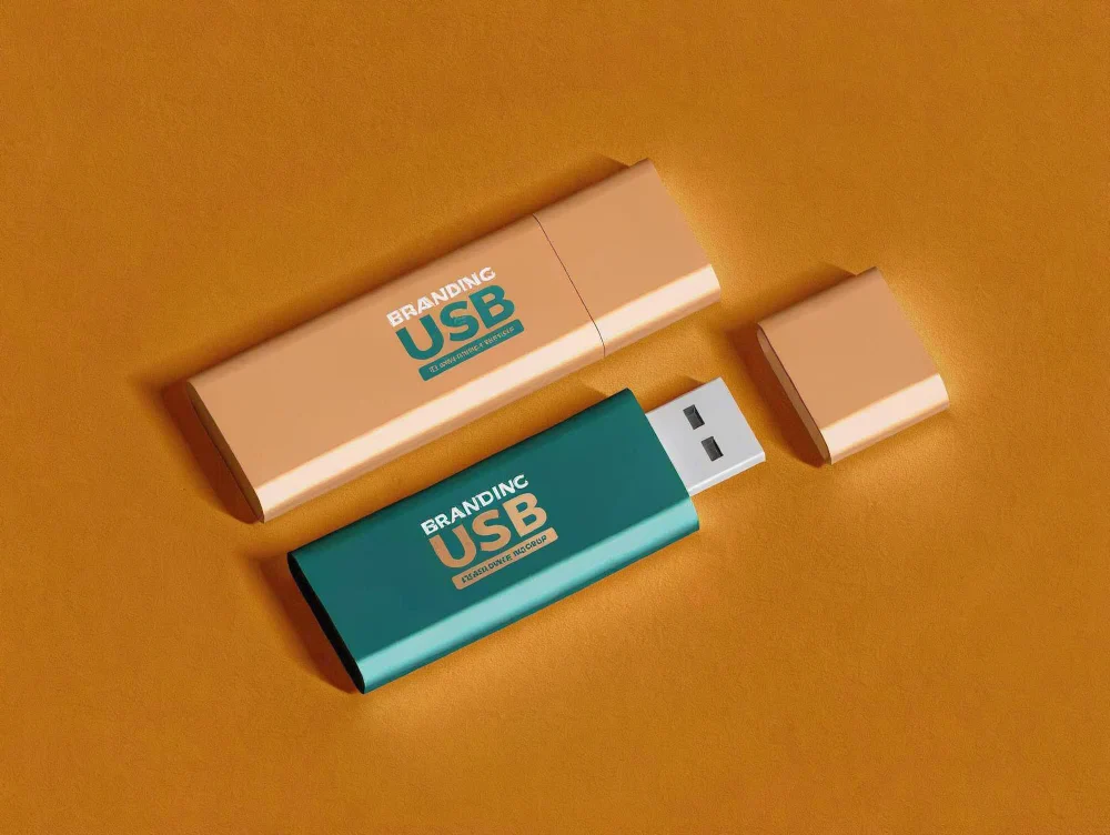 Two USB sticks with printed logos showing colour printing and finishing options for branded flash drives