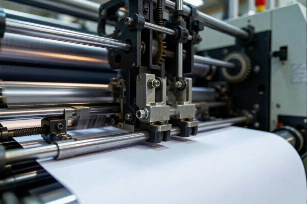 Offset printing press producing stationery sheets at an in-house print production facility in Dubai