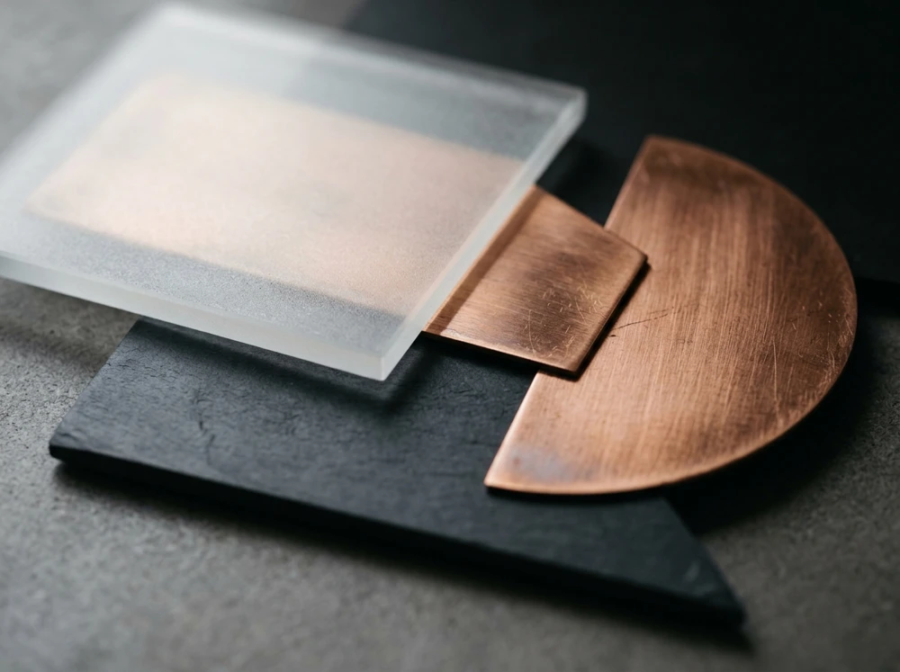 Acrylic vs wood vs metal signage materials compared, with a frosted acrylic panel, copper sheet and dark board laid side by side