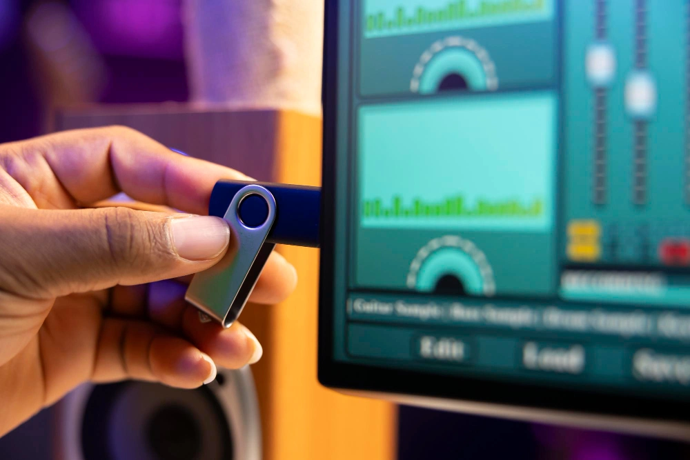 Hand holding a pre-loaded USB Dubai flash drive next to a screen showing the files loaded onto it