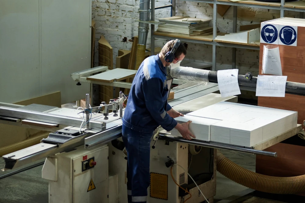 Workshop operator feeding sign panels through a cutting machine during in-house production